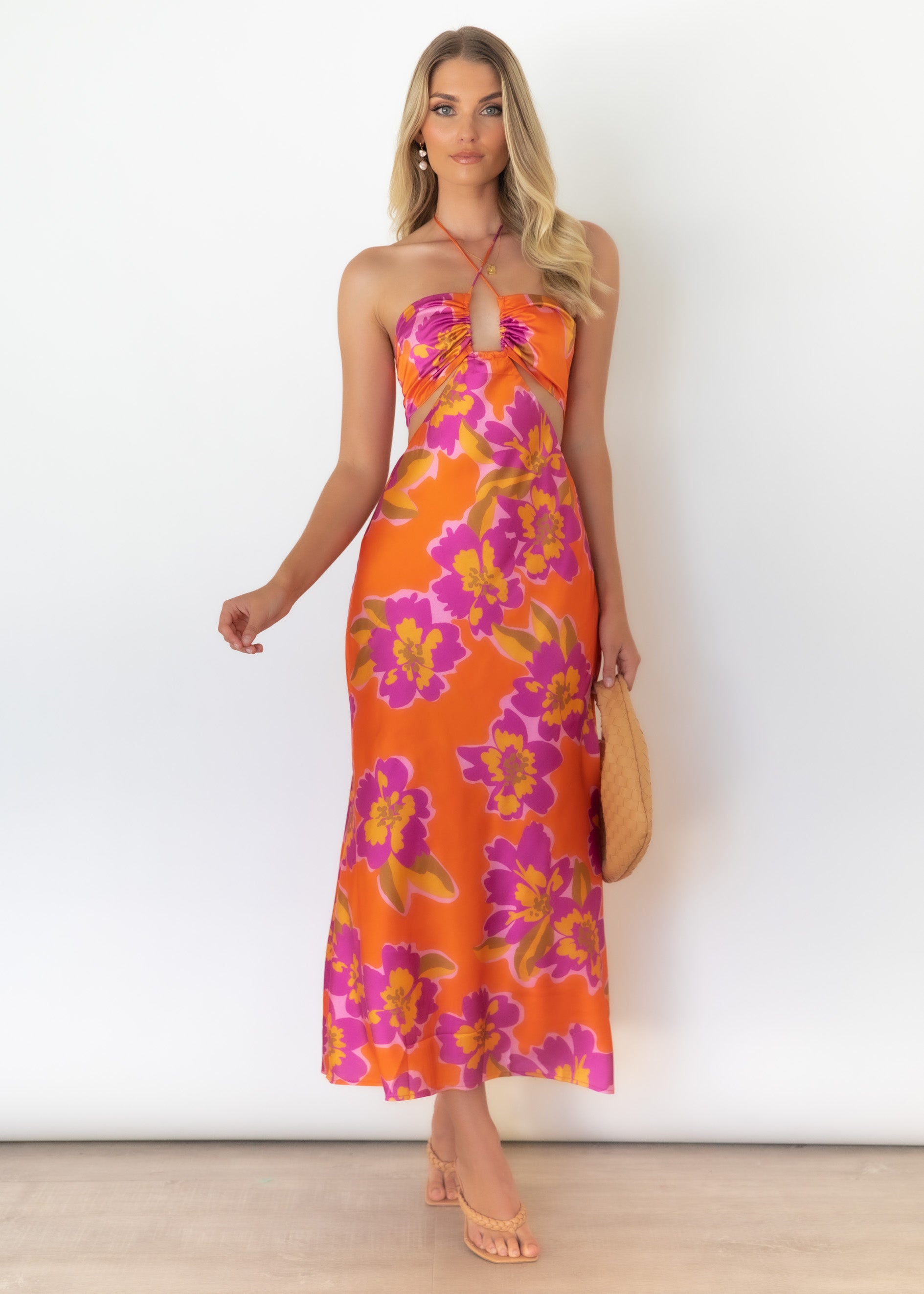 Orchid Midi Slip Dress - Orange Floral